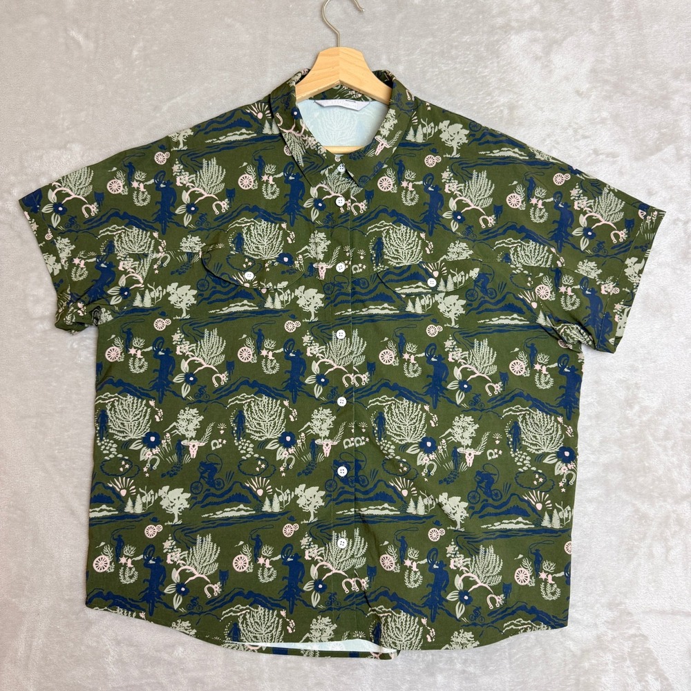 Stio Shifter Shirt Women XL Green Short Sleeve Button Up Western AOP Performance